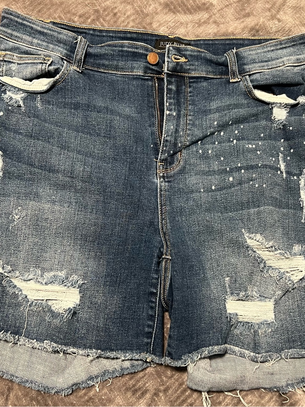 Judy Blue Medium Wash Distressed Denim Shorts with Paint Splatter